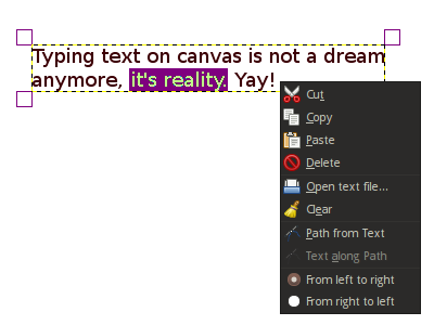 Typing in and selecting on canvas, contextual pop-up menu