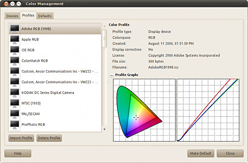 GNOME Color Manager, profiles information tab