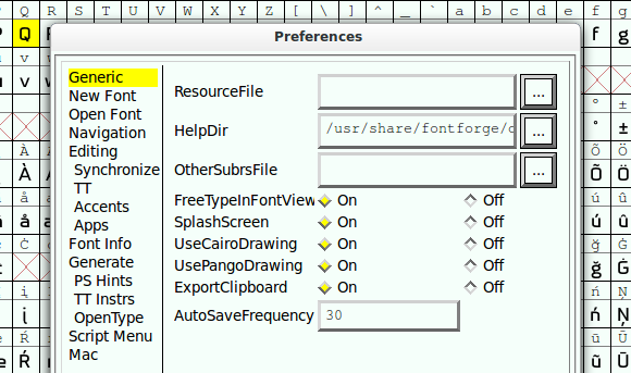 Preferences dialog in FontForge