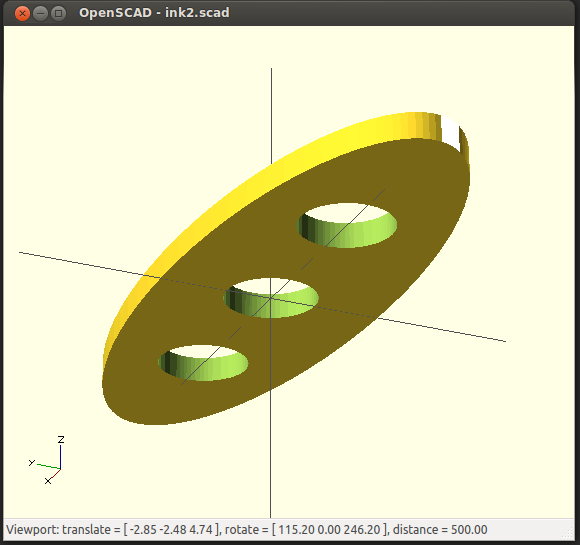 OpenSCAD window with code editor and log viewer disabled