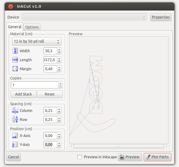 General Inkcut settings