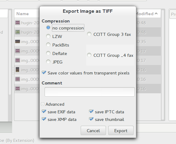 TIFF saving settings including EXIF, XMP, and IPTC metadata