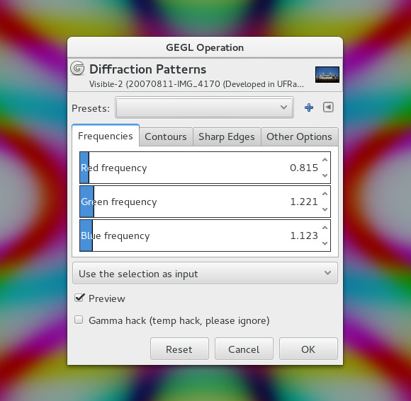 Diffraction Patterns has a compact custom user interface much like the original GIMP plugin