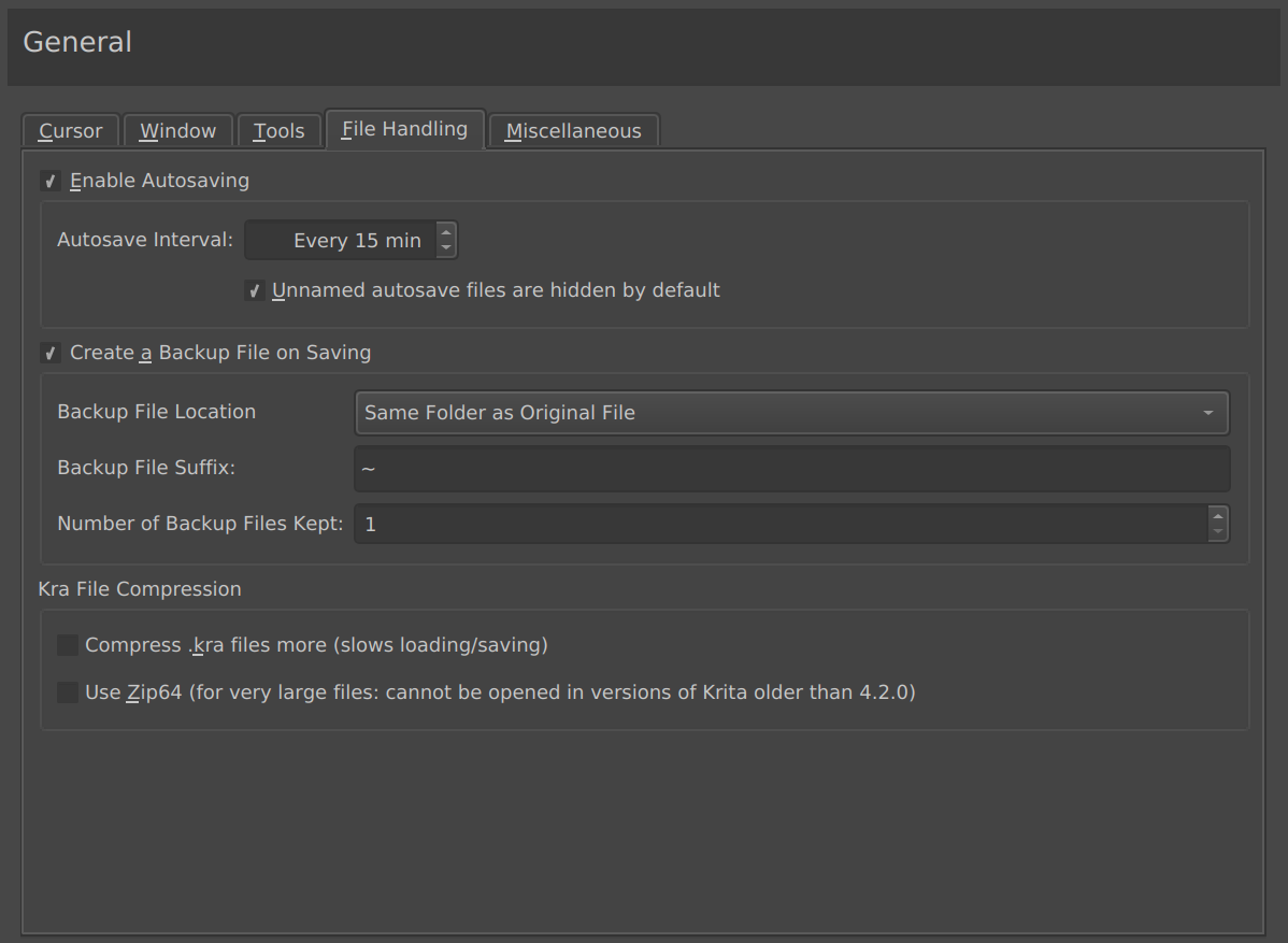Krita autosave and backup settings