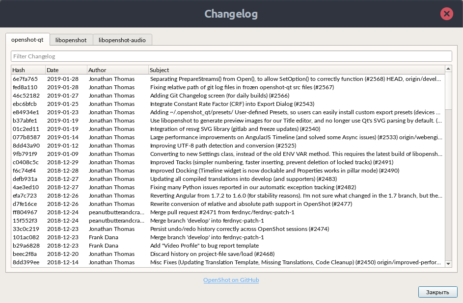 ChangeLog window in OpenShot