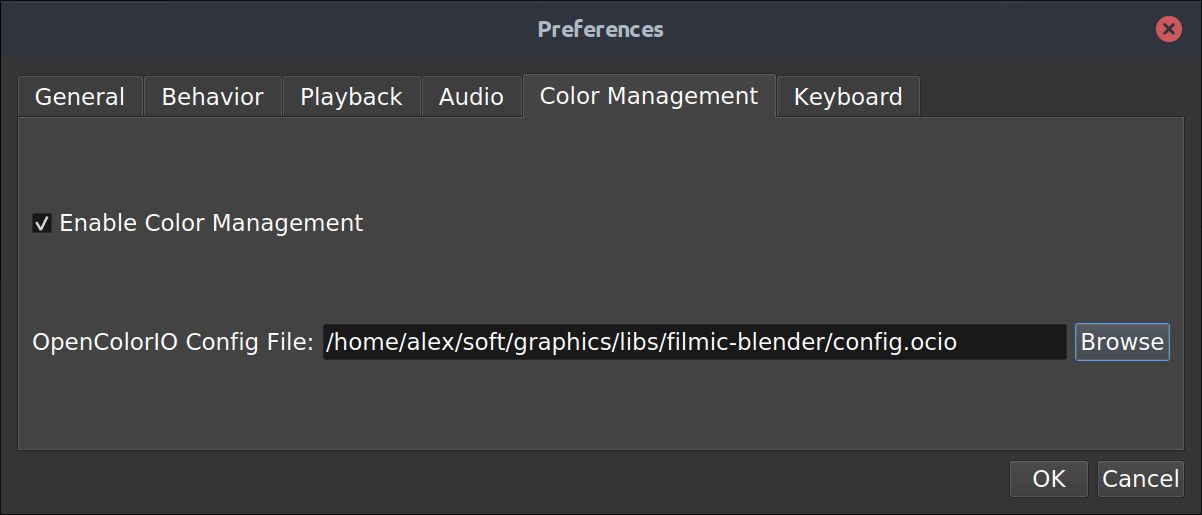 OpenColorIO settings in Olive