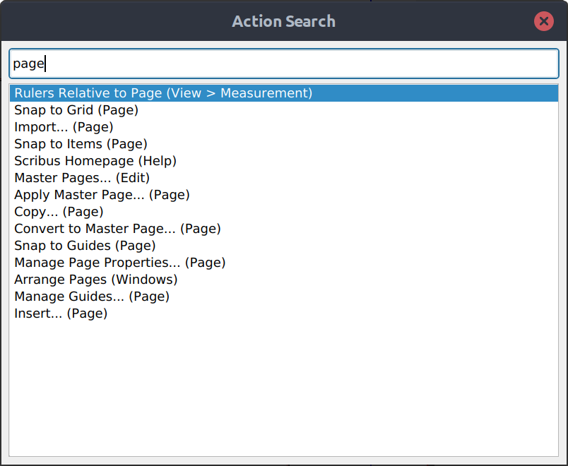 Action search in Scribus 1.5.5