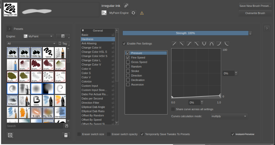 MyPaint brush editor preview