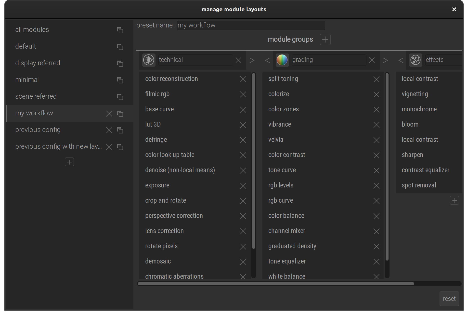 Custom module groups in darktable