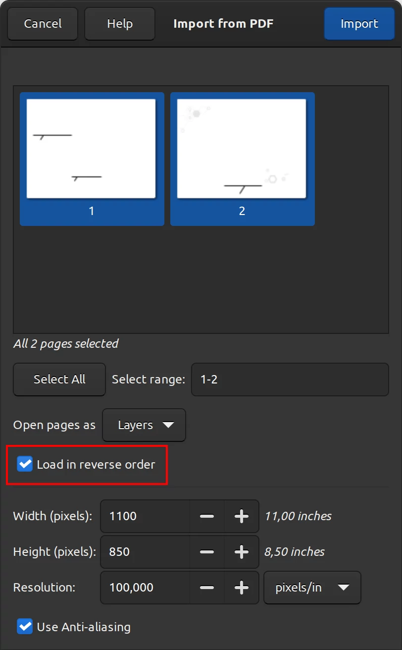 Reverse PDF pages order in GIMP