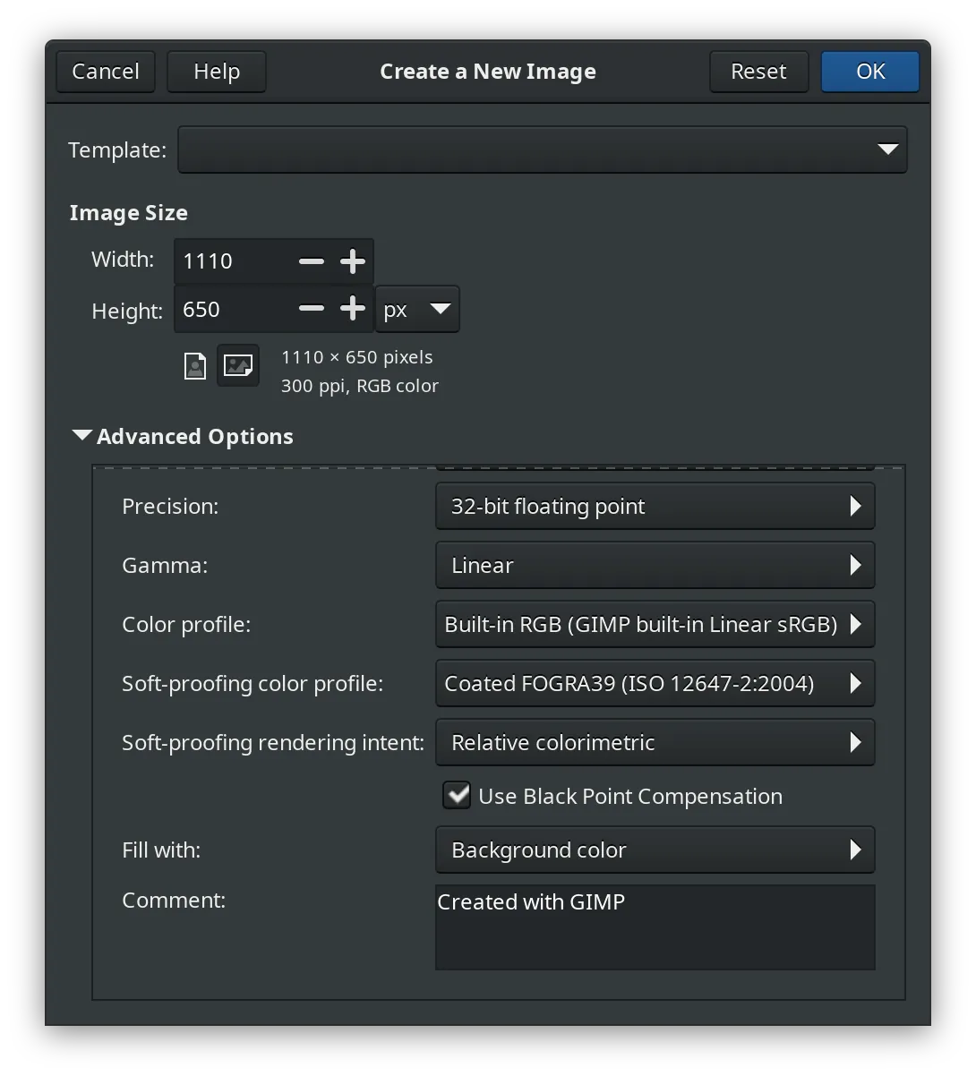 New Image dialog with a soft proof ICC profile chosen