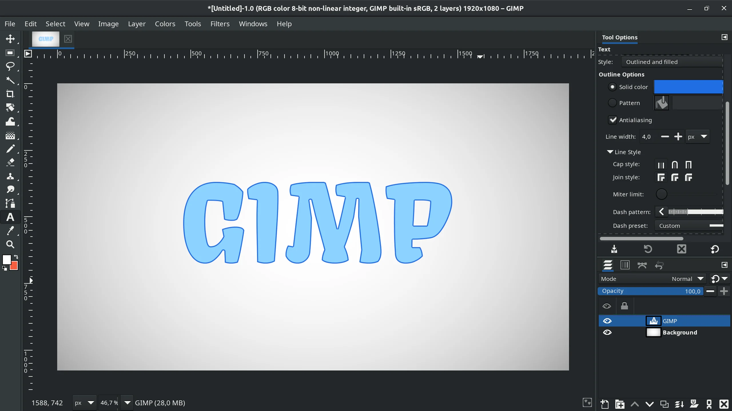Thin text outline in GIMP 2.99.14