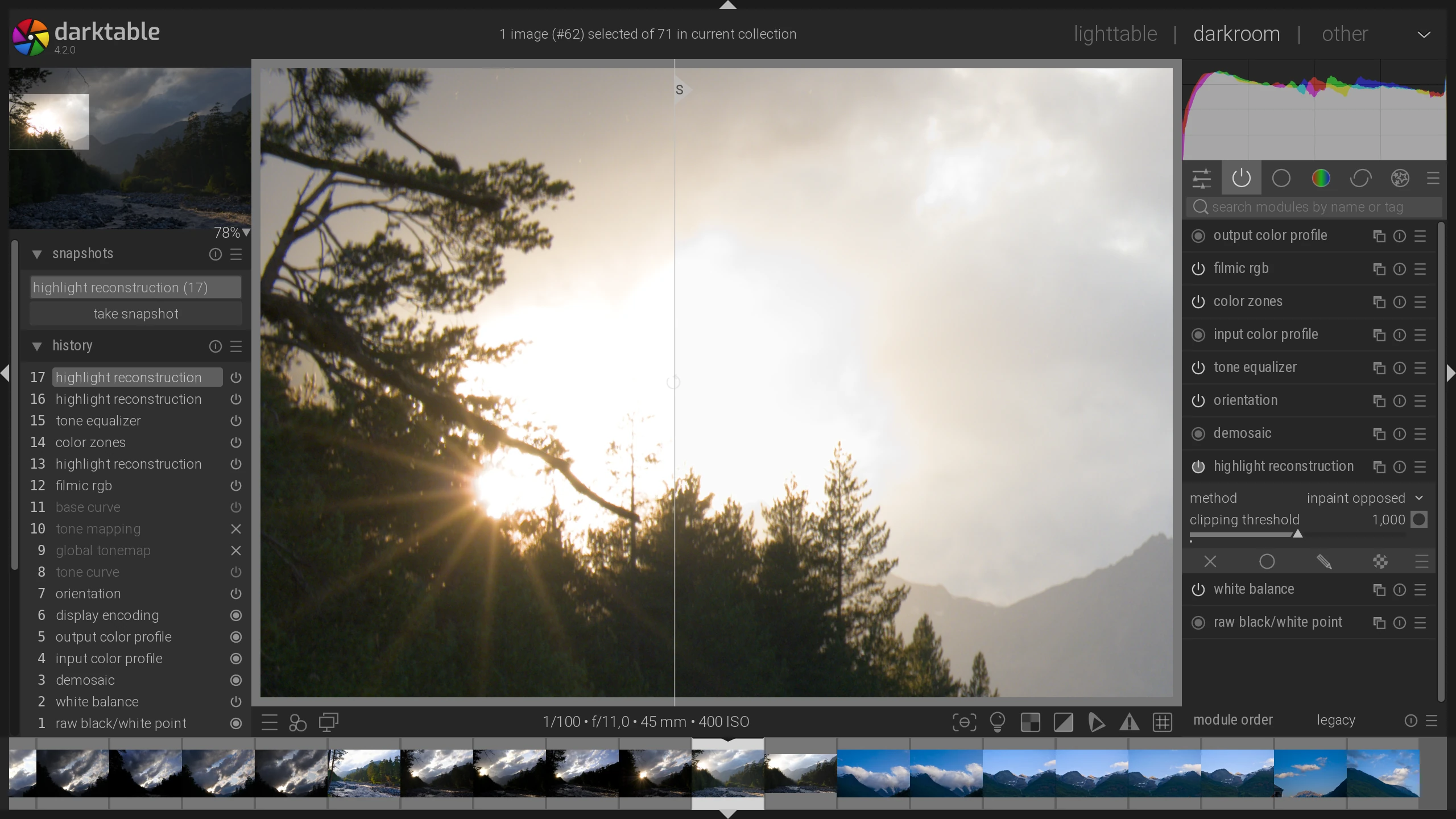 highlights reconstruction module in darktable 4.2