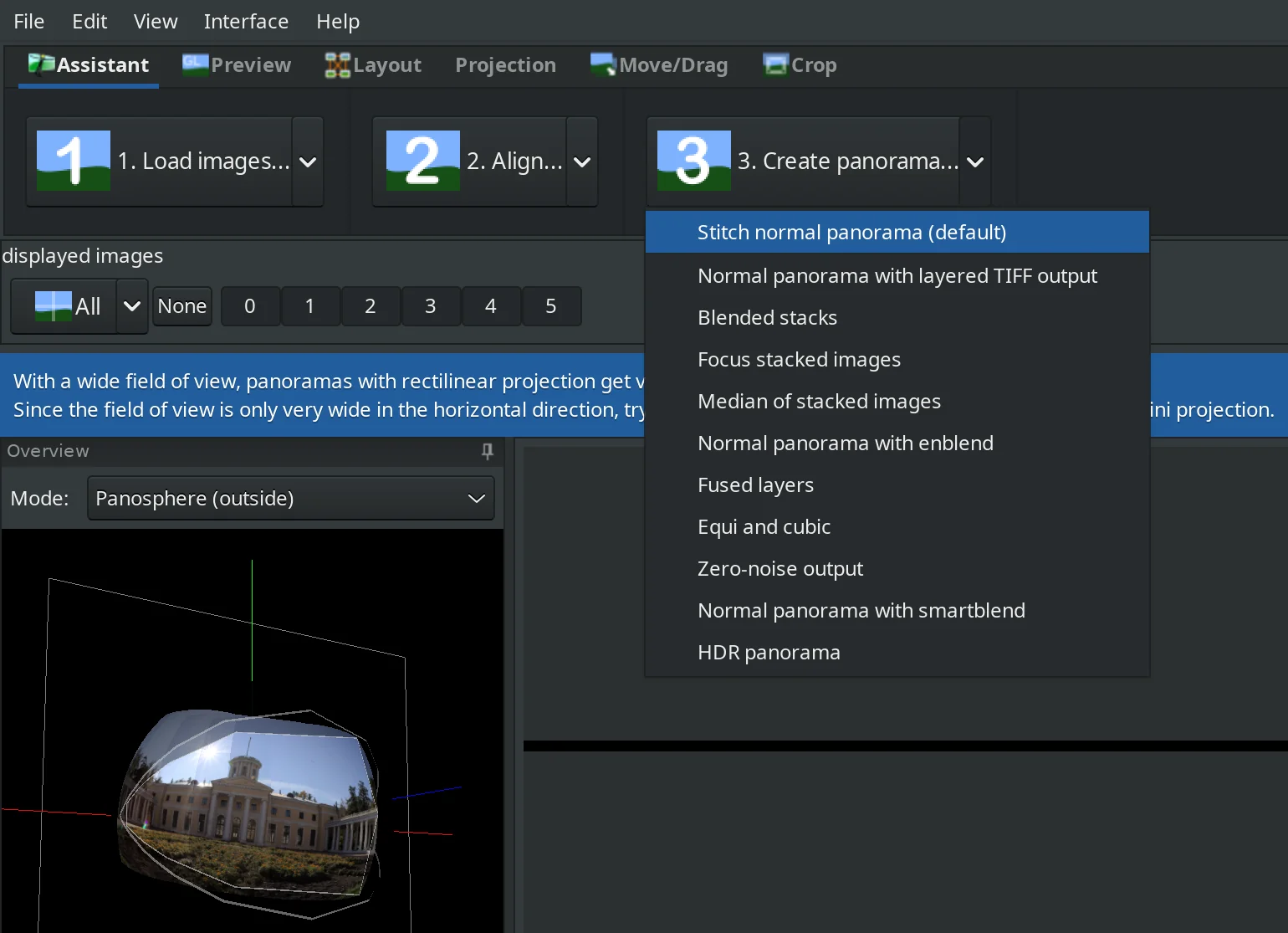 Creating panorama options in Hugin 2022