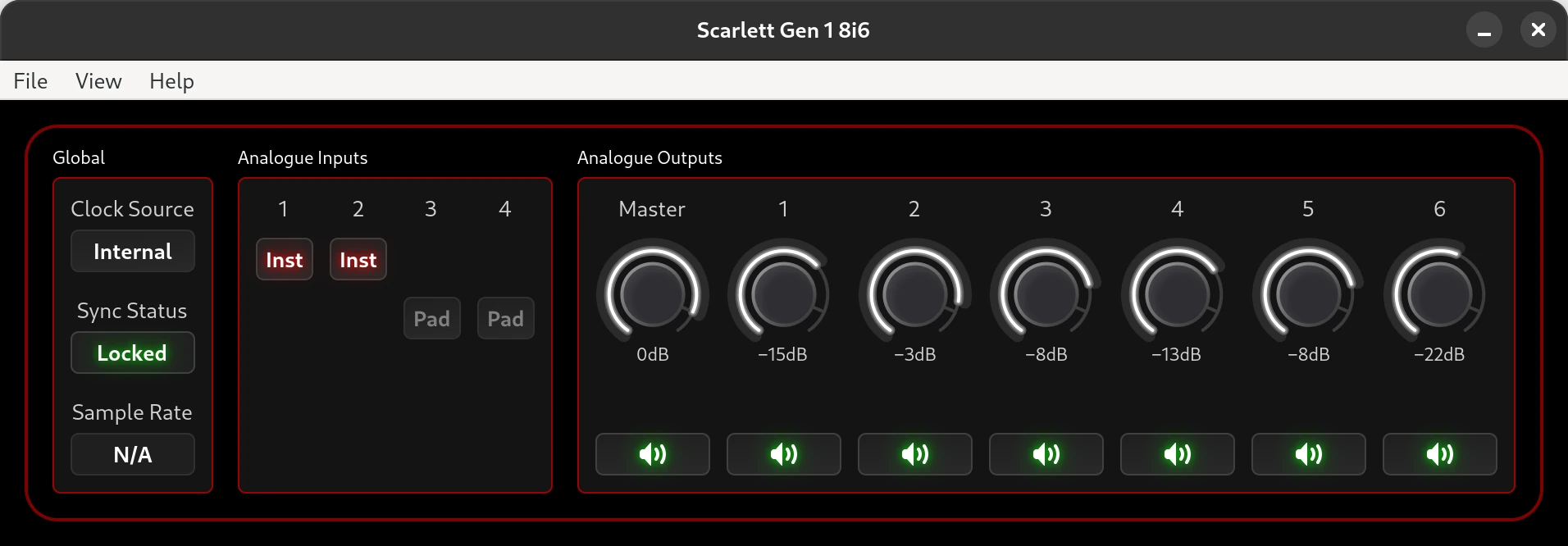 ALSA Scarlett Control Panel 0.5 running 1st gen 8i6 simulation