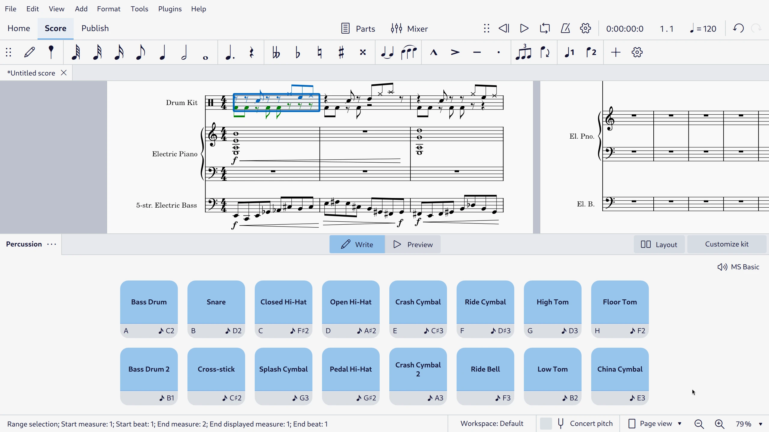 Drum pads for Percussion in MuseScore Studio 4.5