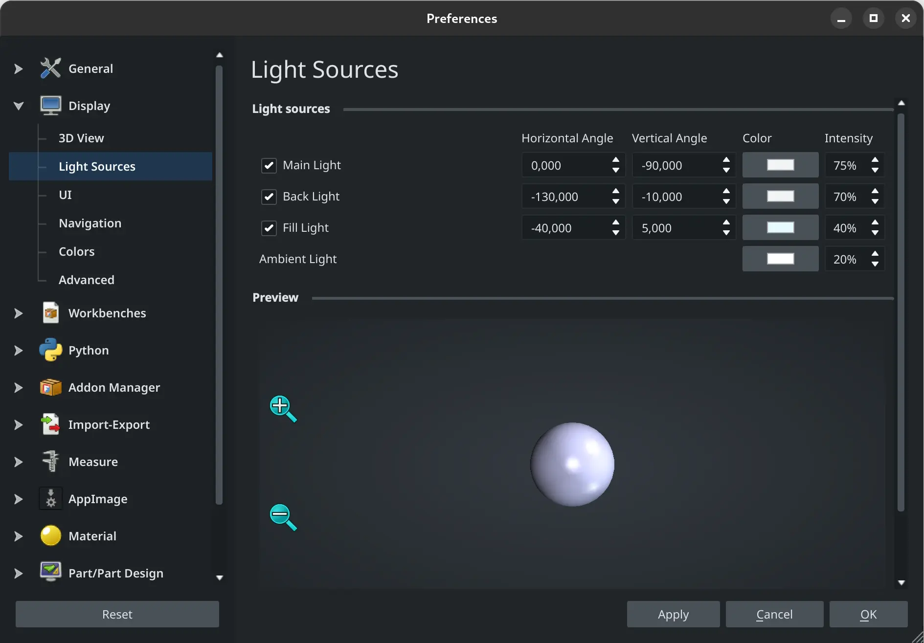 FreeCAD, 3-point lighting settings