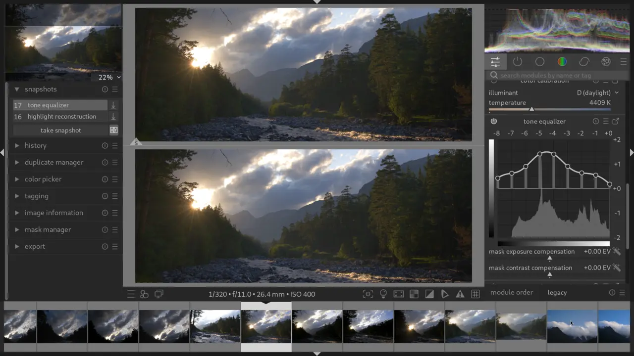 Snapshots comparison in darktable 5.2