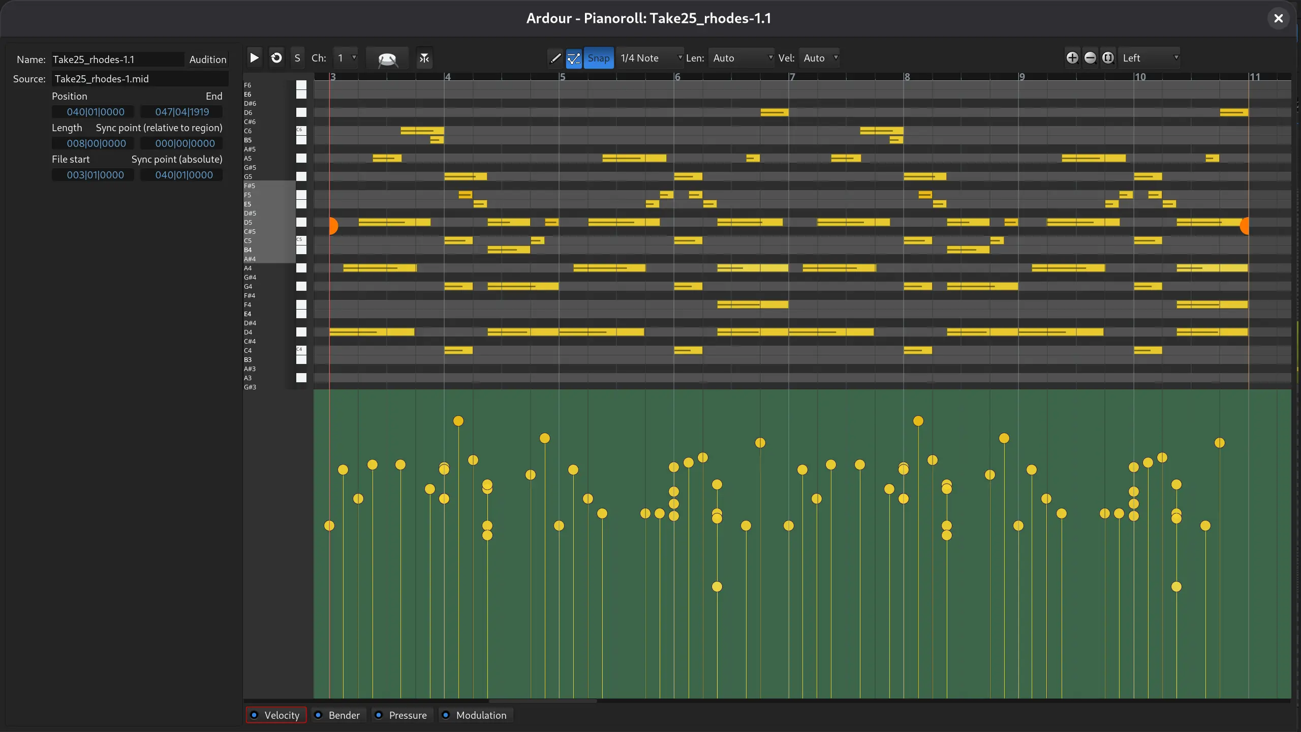 Pianoroll window in Ardour 9.0