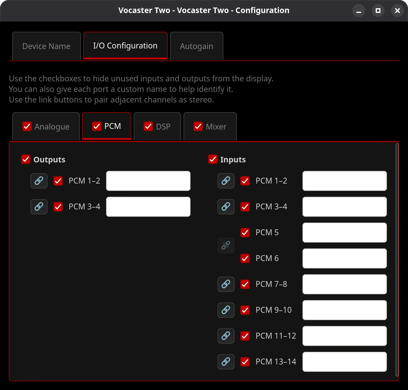 Configuration window for Vocaster Two in ALSA Scarlett GUI