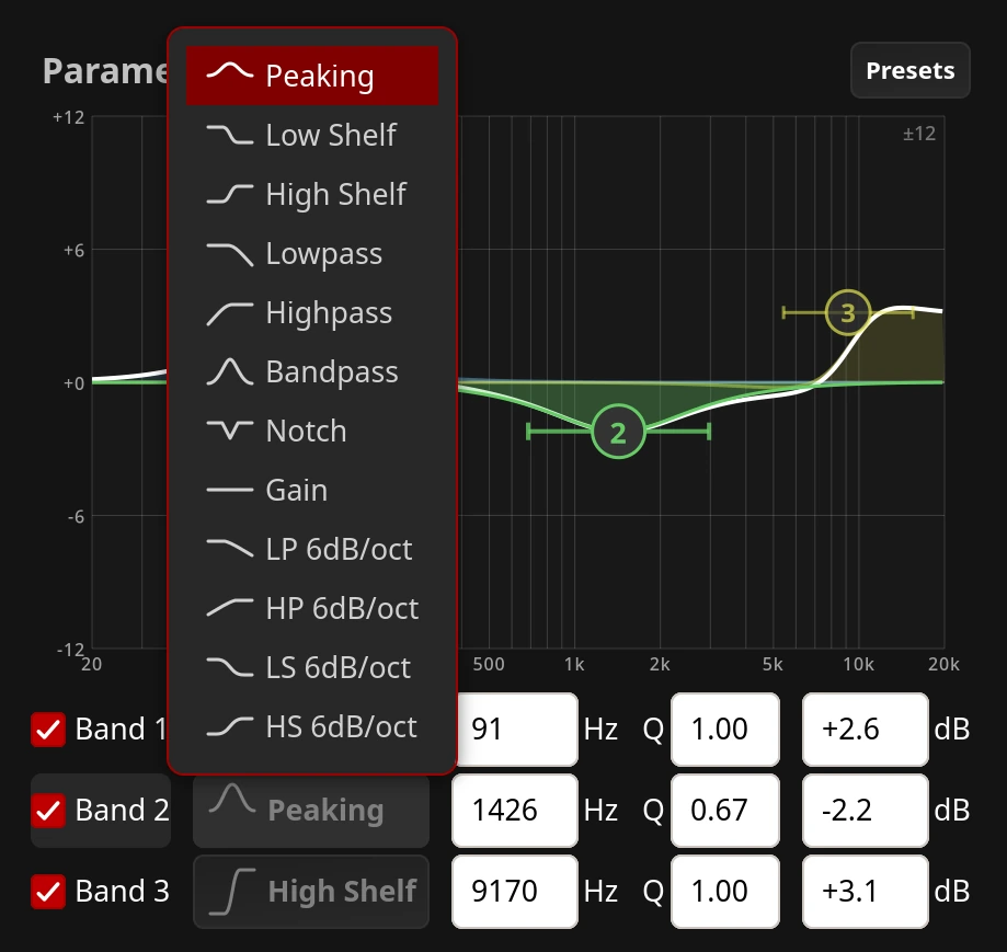 Filter types in DSP controls of ALSA Scarlett GUI